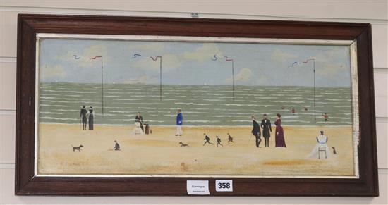M. Chapman, oil on panel, figures on a beach in Edwardian dress, signed lower left 25 x 59cm